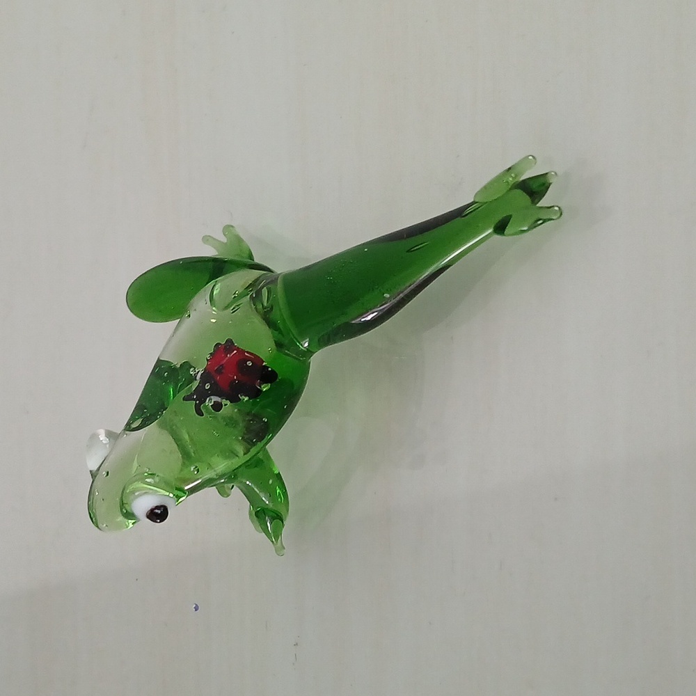 Hand Blown Green Art Glass Frog Red Ladybug Inside 3.25"